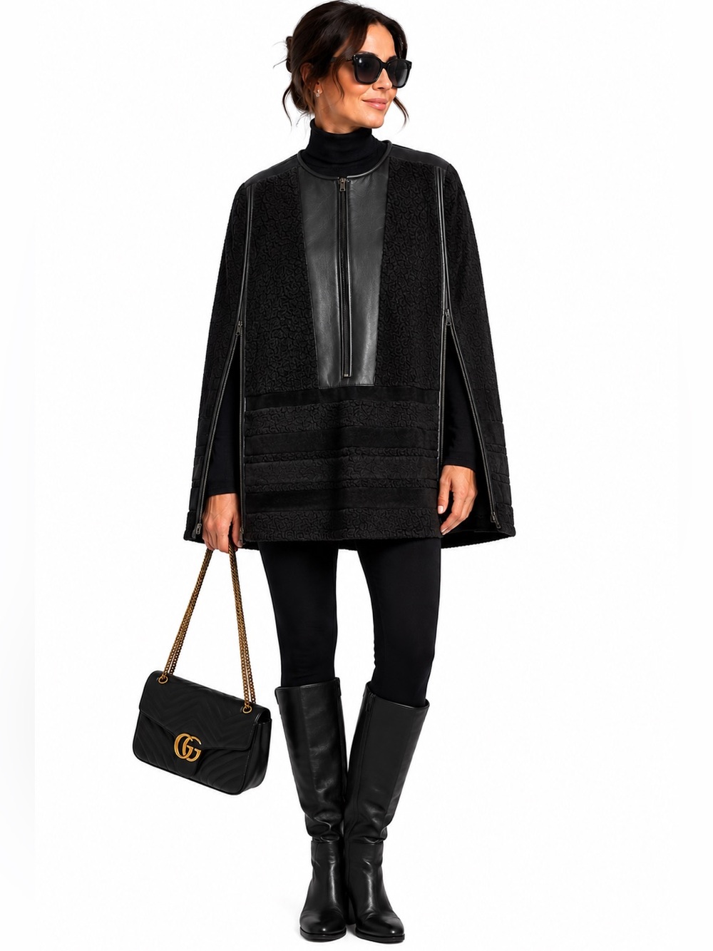 BCBGMAXAZRIA Runway Marique Black Faux Shearling Cape Size M/L